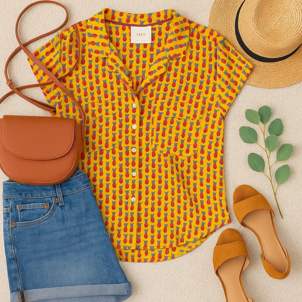 Maeve Anthropologie Pineapple Print Yellow Button Down Blouse Top Size Small